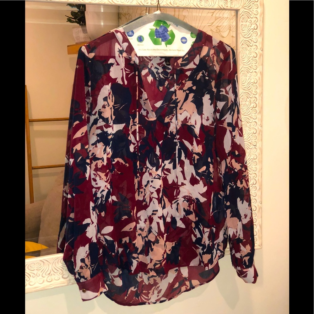 Banana Republic: Long Sleeve Sheer Blouse - Navy & Maroon Colors - Size Small